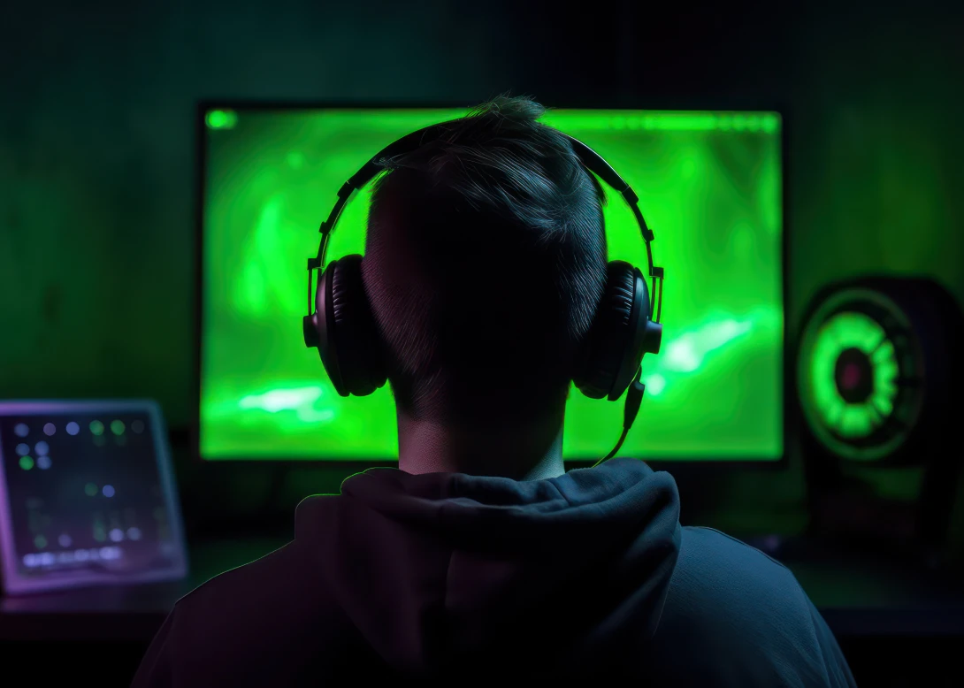 Unrecognizable Gamer Wearing Headphones Playing Video Game 2